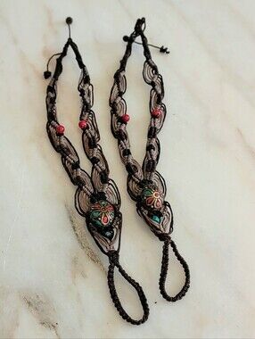 NOS Fair Trade Macramé Barefoot Sandals – Tibetan Brass Turquoise & Coral Inlay